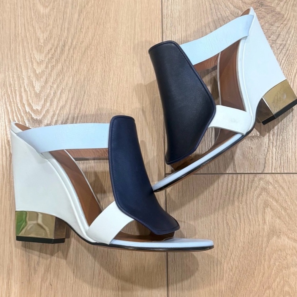 Givenchy Paris Leather Colorblock Wedge Sandals Gold Heel Blue White 41 11 - Picture 8 of 11